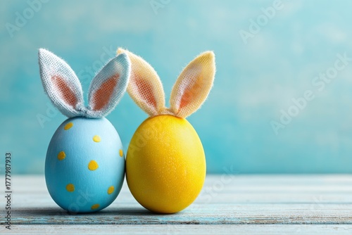 Colorful Easter Eggs With Bunny Ears Arranged on a Table Against a Soft Blue ...