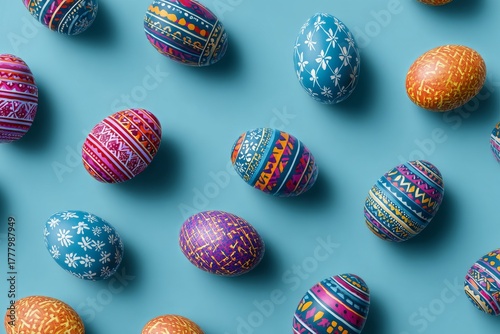 Colorful Easter Eggs Scattered on a Bright Blue Surface During Spring Celebra...