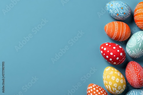 Colorful Easter Eggs Scattered on a Bright Blue Surface During Spring Celebra...