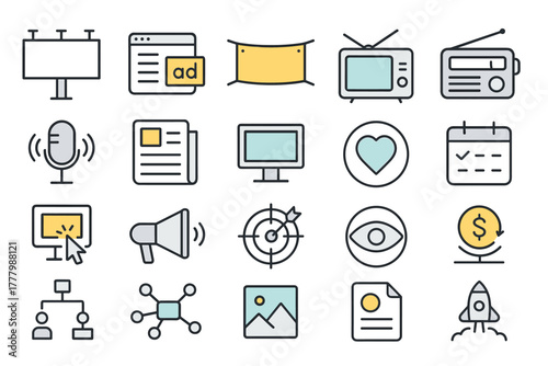 A set of icons related to advertising and marketing. All icons are designed in a simplified style using colors such as gray, yellow, blue, and green.