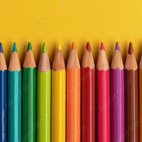 Colorful Pencils Arranged Neatly on a Bright Yellow Background Showcasing Viv...