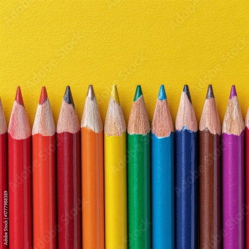 Colorful Arrangement of Colored Pencils on Bright Yellow Background