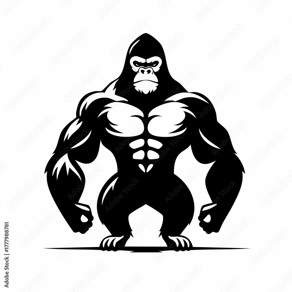 Obraz premium A bold, stylized graphic of a gorilla's muscular upper body in black and white, facing forward