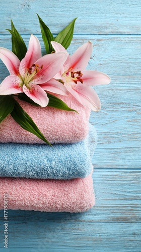 Soft Towels and Pink Lilies Arranged on a Blue Wooden Surface for a Relaxing ...