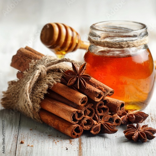 Cinnamon Sticks and Honey Jar on a Wooden Surface With Spices