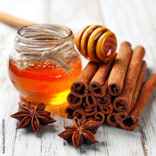 Cinnamon Sticks and Honey Jar Create a Warm Kitchen Setting With Anise Stars