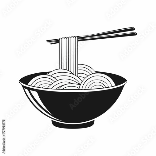 A black and white illustration of noodles being held by chopsticks, with swirls at the bottom