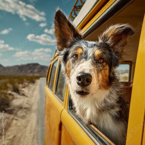 Dog Enjoys a Sunny Ride in a Yellow Van Near Desert Mountains