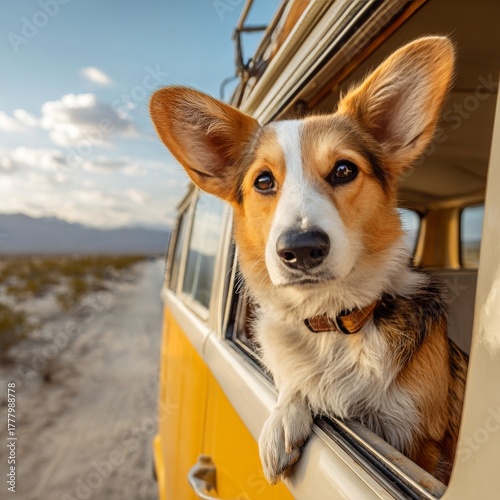 Dog Enjoys a Sunny Ride in a Yellow Van Near Desert Mountains