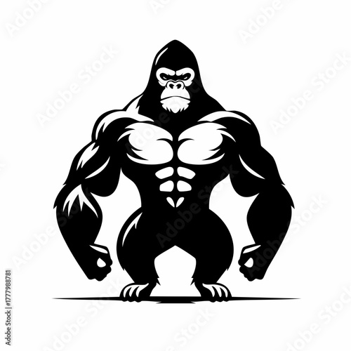 A bold, stylized graphic of a gorilla's muscular upper body in black and white, facing forward