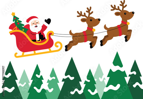 Santa Claus rides in his sleigh pulled by reindeer over snowy trees.