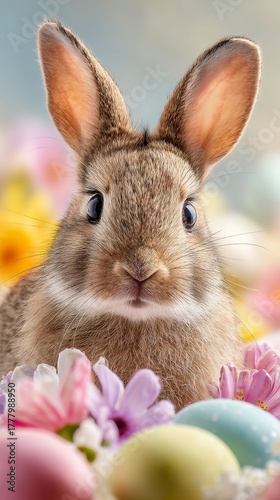 Cute Bunny Surrounded by Colorful Eggs and Spring Flowers in a Festive Setting
