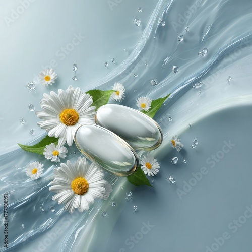 Bright Capsules Surrounded by Fresh Daisies and Water Drops on a Soft Blue Ba...