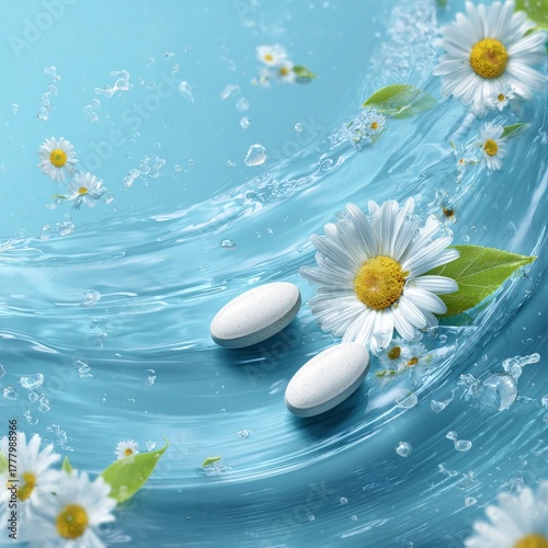 Bright Capsules Surrounded by Fresh Daisies and Water Drops on a Soft Blue Ba...