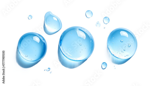 透明なブルーの水滴が並ぶ保湿美容成分のマクロイメージ 青いジェルのプルプルの水滴　ジェネレーティブAI