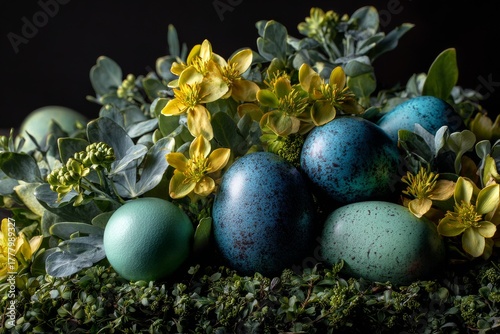 Colorful Easter Eggs Surrounded by Greenery and Flowers in a Decorative Display