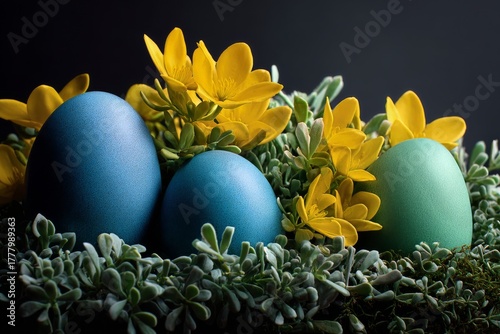 Decorative Eggs Surrounded by Fresh Greenery and Vibrant Flowers for Spring C...