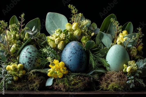 Decorative Eggs Surrounded by Fresh Greenery and Vibrant Flowers for Spring C...