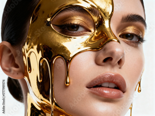 A woman with golden makeup and a dripping gold mask covering half of her face close up shot