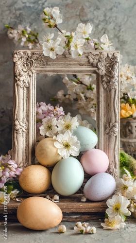 Easter Decorations With Colorful Eggs and Blooming Flowers in a Rustic Frame