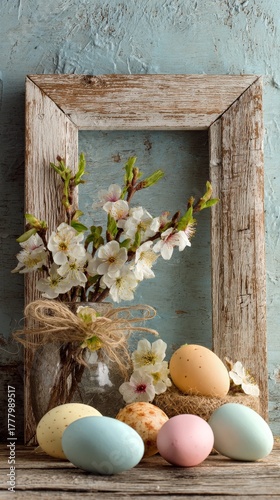 Easter Decorations With Colorful Eggs and Blooming Flowers in a Rustic Frame