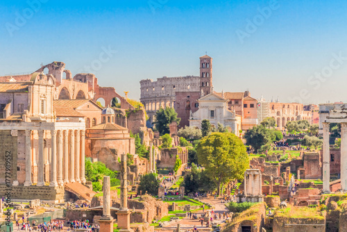 Quadro su tela Forum - antique Roman ruins with Colosseum in Rome at sunny day, Italy