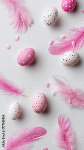 Decorative Pastel Eggs and Soft Feathers Create a Cheerful Spring Scene