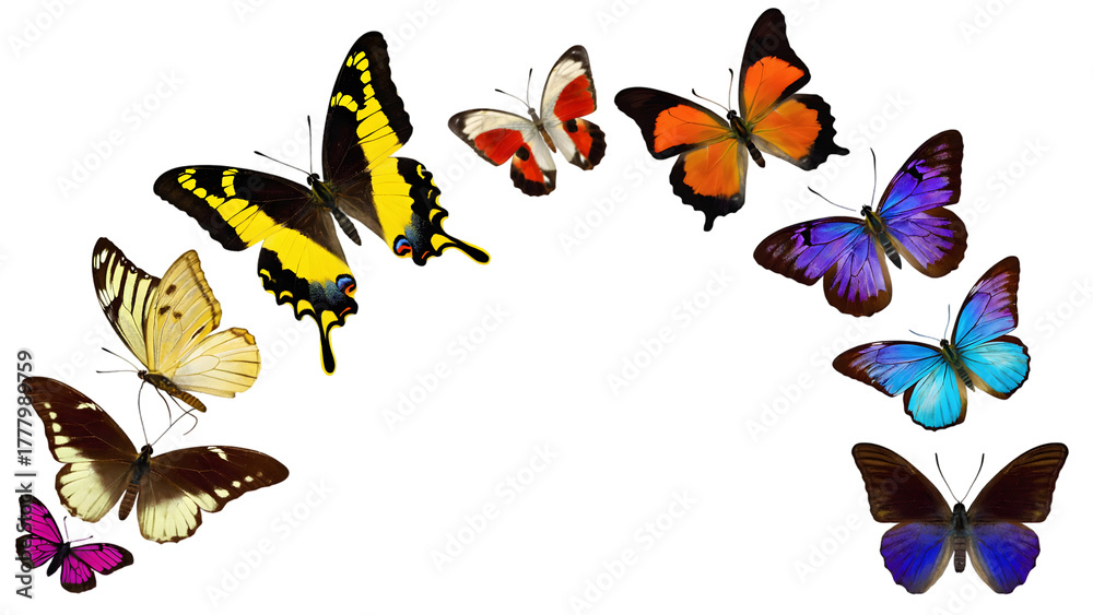 Fototapeta premium Diverse butterflies in flight with vibrant colors and patterns isolated on a transparent background