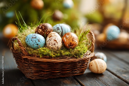 Colorful Easter Eggs in a Woven Basket on a Wooden Table Surrounded by Greenery