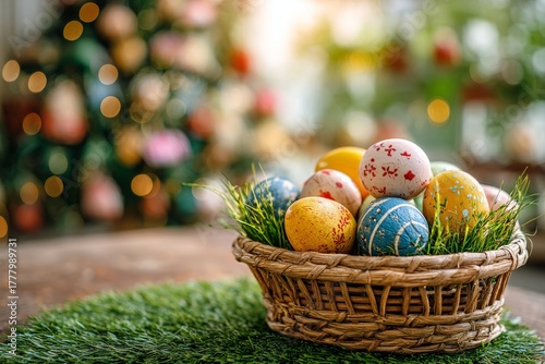 Colorful Easter Eggs in a Woven Basket on a Wooden Table Surrounded by Greenery
