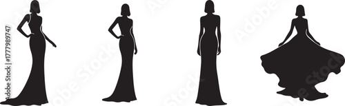 Four elegant female silhouettes wearing long formal evening gowns for fashion illustration, representing glamour, style, and high-end haute couture luxury event concepts.