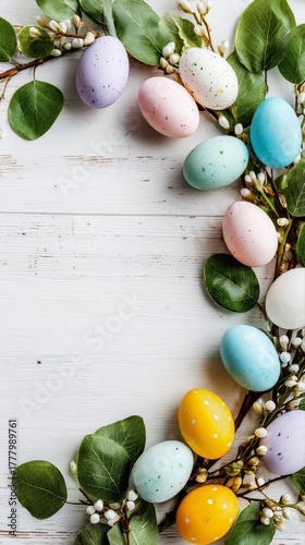 Colorful Easter Eggs Arranged With Greenery on a Wooden Table for Spring Cele...