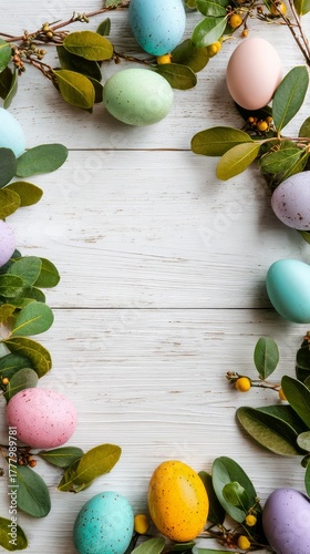 Colorful Easter Eggs Arranged With Greenery on a Rustic Wooden Table