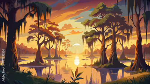 Very beautiful bald cypress trees with hanging Spanish moss illuminated by the first rays of the sun at Lake Martin, Louisiana, serene swamp landscape with golden reflections and tranquil morning mist