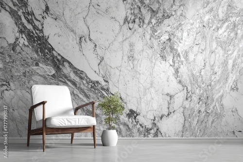 Stylish White Armchair Against a Modern Marble Wall in a Bright Indoor Space