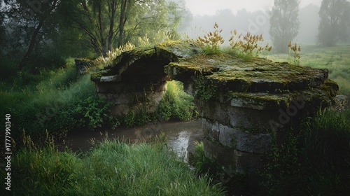 Ruined stone bridge whispers of history across a misty river landscape serene vintage scene