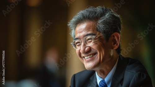 Portrait of a mature, gray-haired man smiling warmly, wearing glasses and a suit. His cheerful expression and smart attire create a professional and approachable image.