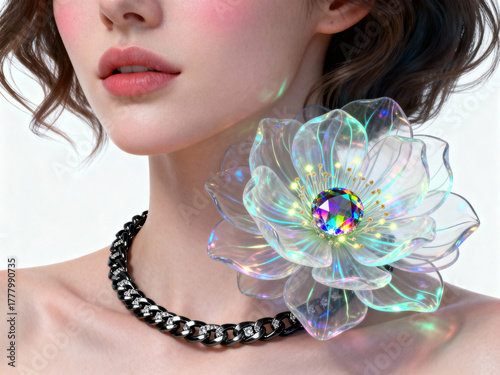 Close up of woman with flower necklace and chain necklace against a white background look at the camera