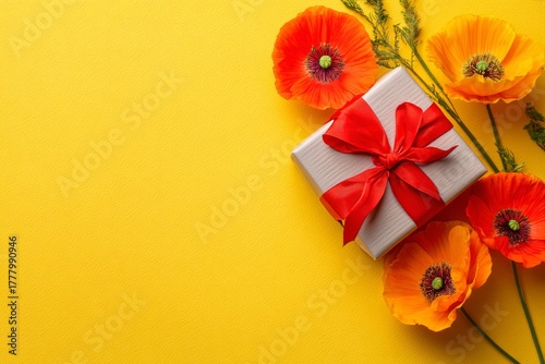 Colorful Gift Box With Poppy Flowers on Vibrant Yellow Background
