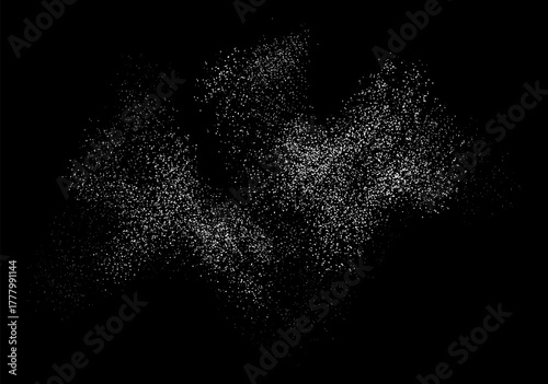 Magic shining dust isolated on black background. Backdrop with splatters of sand. Sugar or salt powder. White flour splash. Snow effect for Christmas. Falling small particles.