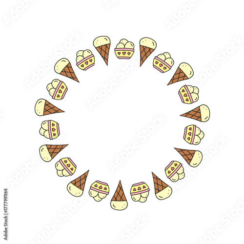 Cute round frame with doodle ice cream balls and cones isolated on white background.