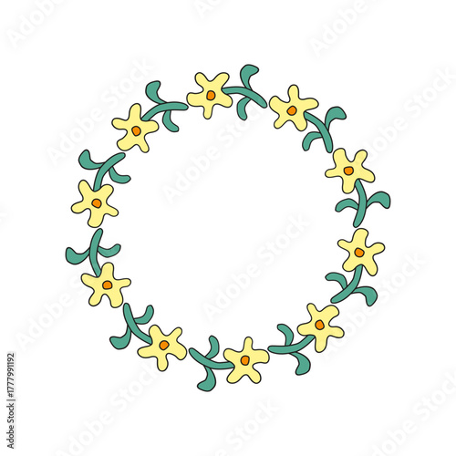 Cute circle wreath with doodle groovy daisy flowers isolated on white background.