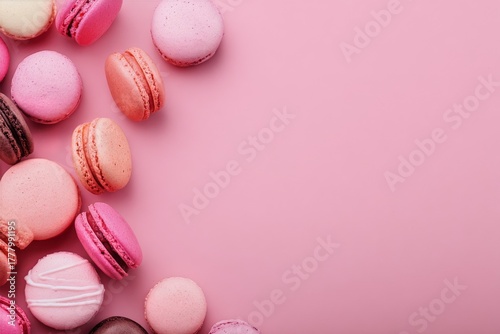 Colorful Macarons on a Pink Background, Displaying Delightful Textures in a T...