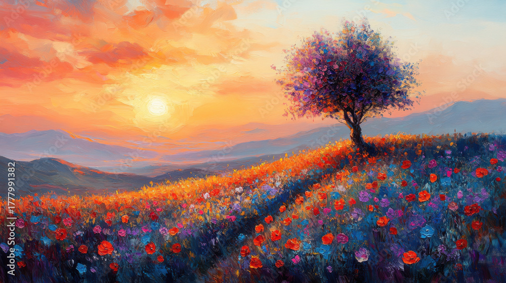 Fototapeta premium Oil painting of colorful tuscany flower field. Landscape painting on canvas. Heavy brushstrokes.