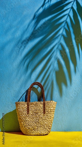 Woven Basket Rests Against Blue Wall With Shadow of Palm Leaf in Sunlit Room