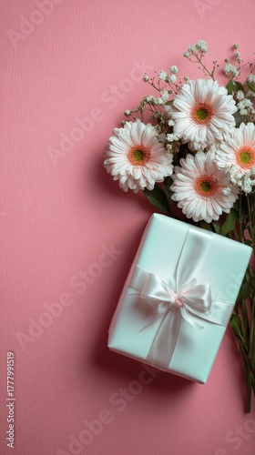 Beautiful Pink Gift Wrapped With Flowers on Pastel Background for Special Occ...