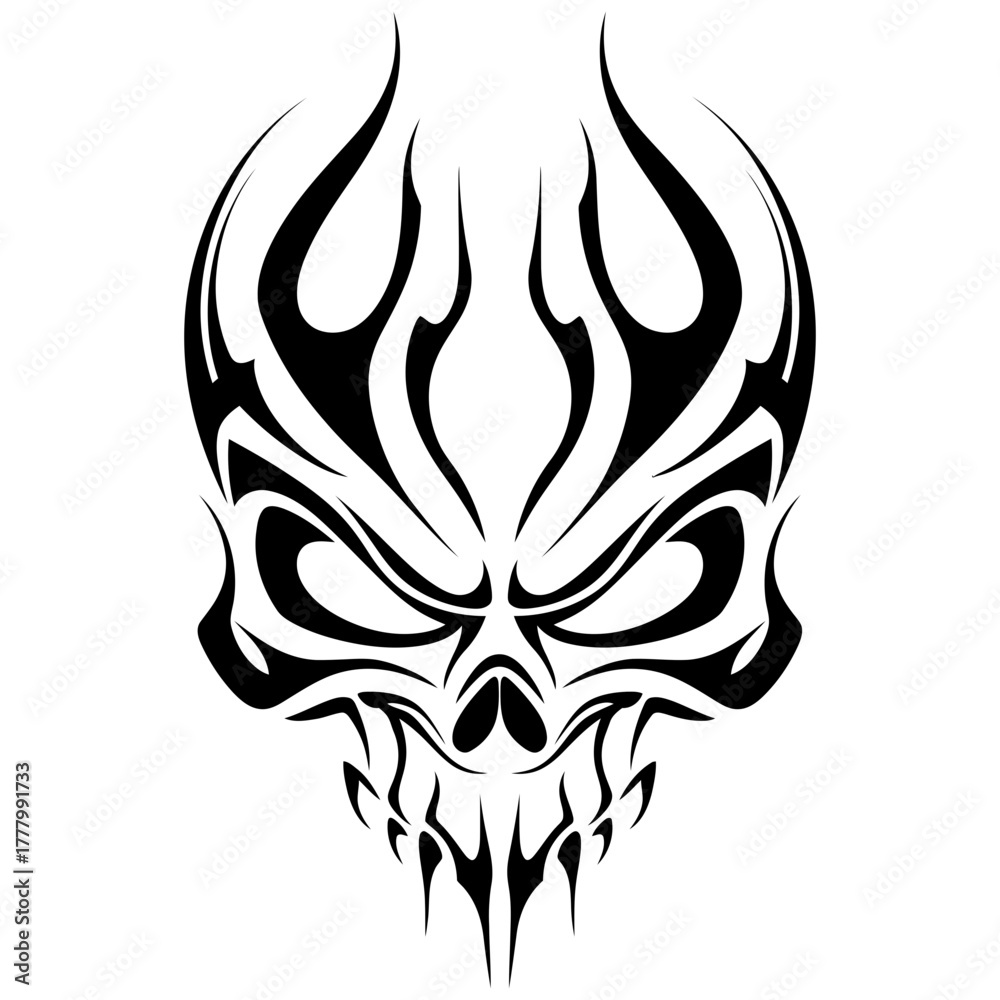 Fototapeta premium Vector Art Bold Tribal Skull Illustration with Flames Helmets and Ornament Designs for Tattoos and Logos