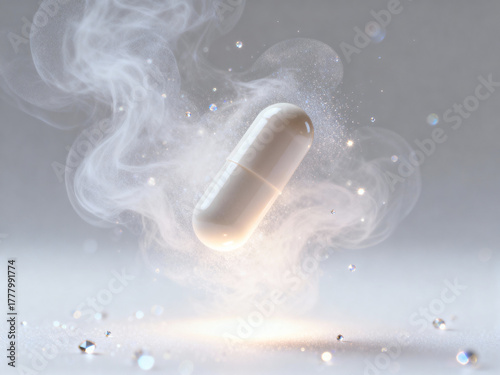 Floating white capsule surrounded by smoke and sparkles on a light gray background surface