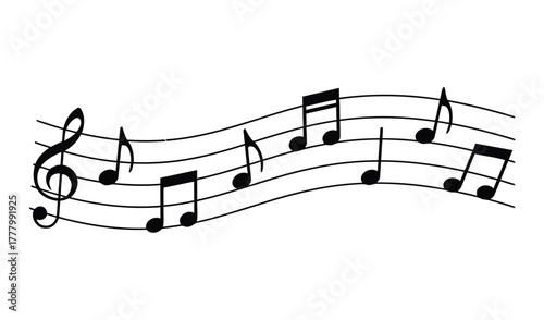 music, musical notes, staff, treble clef, melody, song, sound, rhythm, composition, notation, sheet music, black, white background, illustration, graphic, design, symbol, element, wave, flowing, harmo