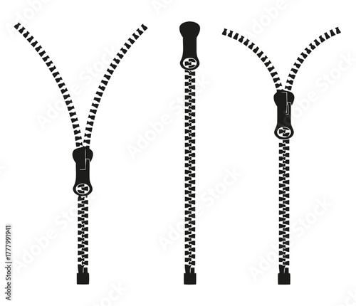 zipper, fastener, clothing, sewing, closure, open, closed, slider, teeth, fabric, black, white, isolated, graphic, design, element, accessory, repair, fashion, textile, detail, mechanism, tool, equipm